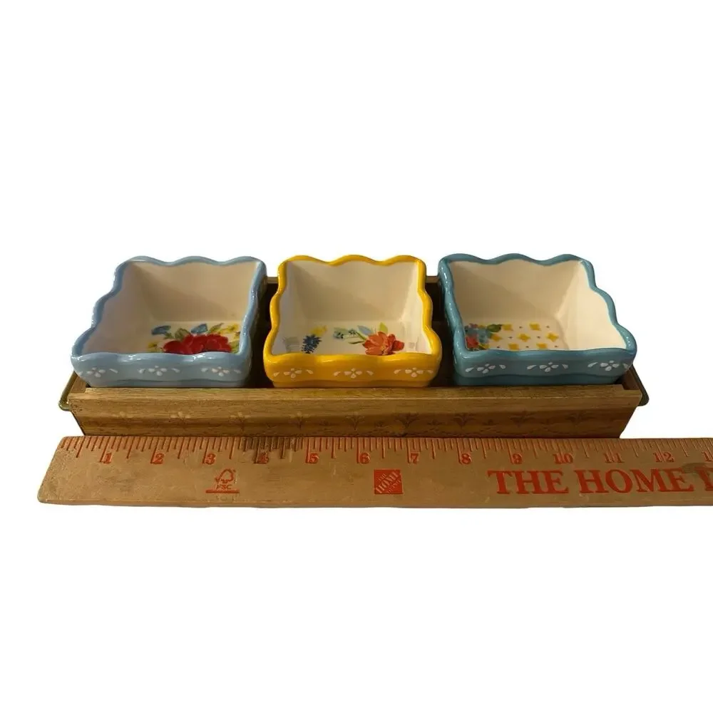 Pioneer Woman Condiment Set w/Wood Tray 3 Floral Medley 3 Stoneware Bowls